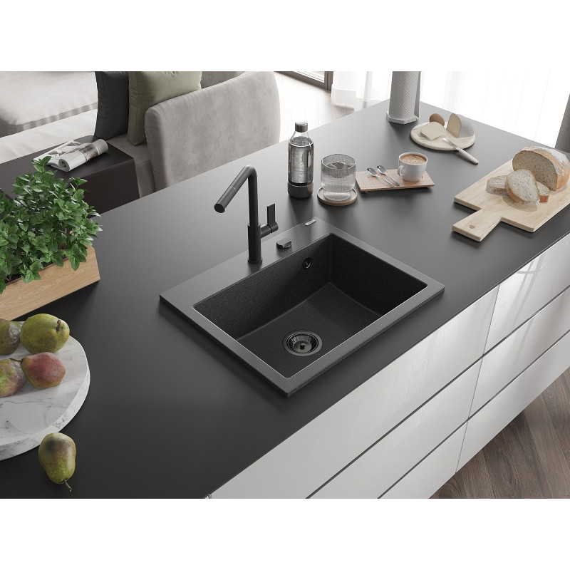 Mexen Oscar granitový drez 1-komorový 580 x 490 mm, čierny bodkovaný, čierny sifón - 6519581000-76-B