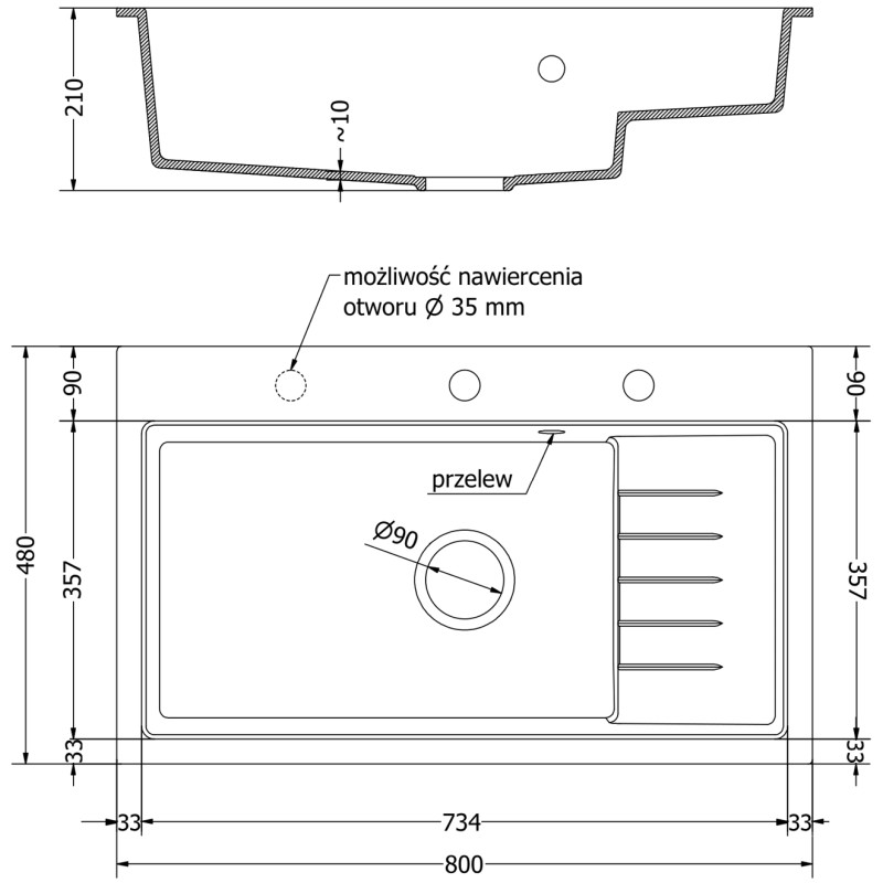 Mexen Omar granitový drez 1-komorový 800 x 480 mm, biely, sifón chróm - 6520801005-20