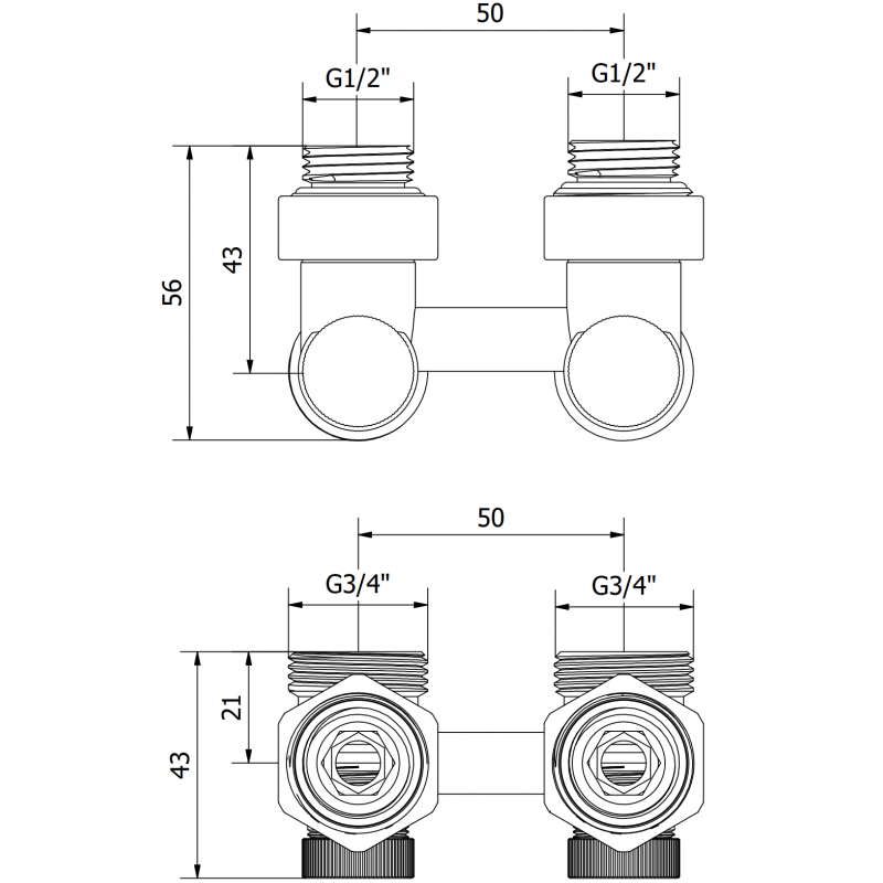Mexen Uni-Term radiátorový ventil dvojrúrkový DN50, rohový 1/2"x3/4", nikel - W911-012-01