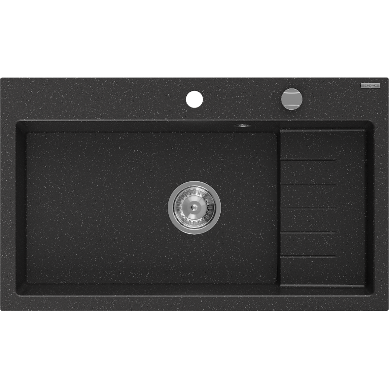 Mexen Omar žulový kuchynský drez s 1 komorou 800 x 480 mm, čierny/strieborný metalický, chrómový sifón - 6520801005-73