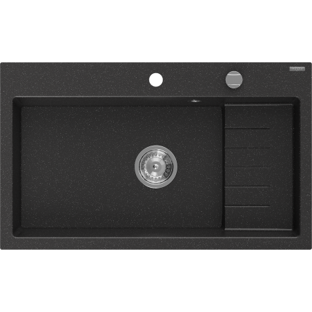 Mexen Omar žulový kuchynský drez s 1 komorou 800 x 480 mm, čierny/strieborný metalický, chrómový sifón - 6520801005-73
