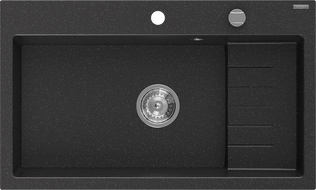 Mexen Omar žulový kuchynský drez s 1 komorou 800 x 480 mm, čierny/strieborný metalický, chrómový sifón - 6520801005-73