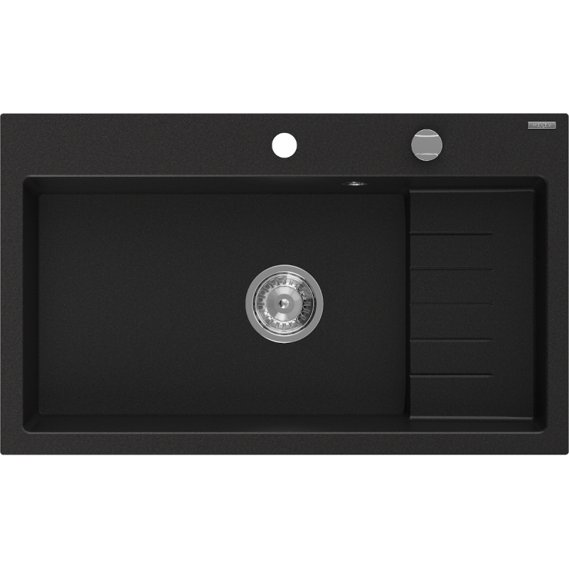 Mexen Omar žulový kuchynský drez s 1 komorou 800 x 480 mm, čierny, chrómový sifón - 6520801005-77