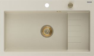 Mexen Omar granitový kuchynský drez 1-komorový 800 x 480 mm, béžový, sifón zlatý - 6520801005-69-G