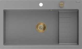Mexen Omar granitový kuchynský drez, 1-komorový 800 x 480 mm, sivý, sifón zlatý - 6520801005-71-G