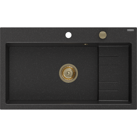 Mexen Omar žulový drez 1-komorový 800 x 480 mm, čierny/strieborný metalický, sifón zlatý - 6520801005-73-G