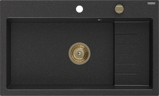 Mexen Omar žulový drez 1-komorový 800 x 480 mm, čierny/strieborný metalický, sifón zlatý - 6520801005-73-G