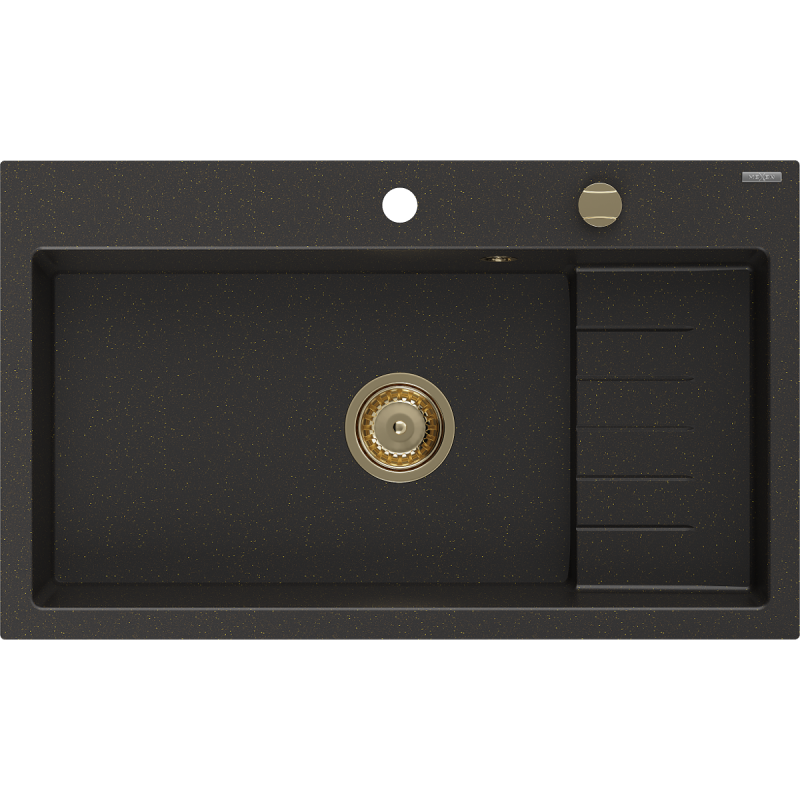Mexen Omar žulový drez, 1-komorový 800 x 480 mm, čierny/zlatý metalický, zlatý sifón - 6520801005-75-G