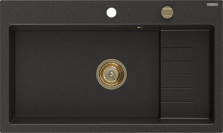 Mexen Omar žulový drez, 1-komorový 800 x 480 mm, čierny/zlatý metalický, zlatý sifón - 6520801005-75-G