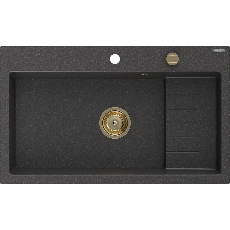 Mexen Omar žulový drez s jednou komorou 800 x 480 mm, čierny s fľakmi, zlatý sifón - 6520801005-76-G