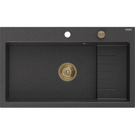 Mexen Omar žulový drez s jednou komorou 800 x 480 mm, čierny s fľakmi, zlatý sifón - 6520801005-76-G