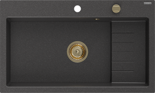 Mexen Omar žulový drez s jednou komorou 800 x 480 mm, čierny s fľakmi, zlatý sifón - 6520801005-76-G