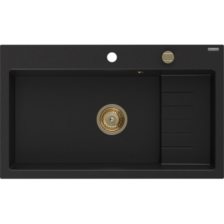 Mexen Omar 1-komorový granitový drez 800 x 480 mm, čierny, sifón zlatý - 6520801005-77-G