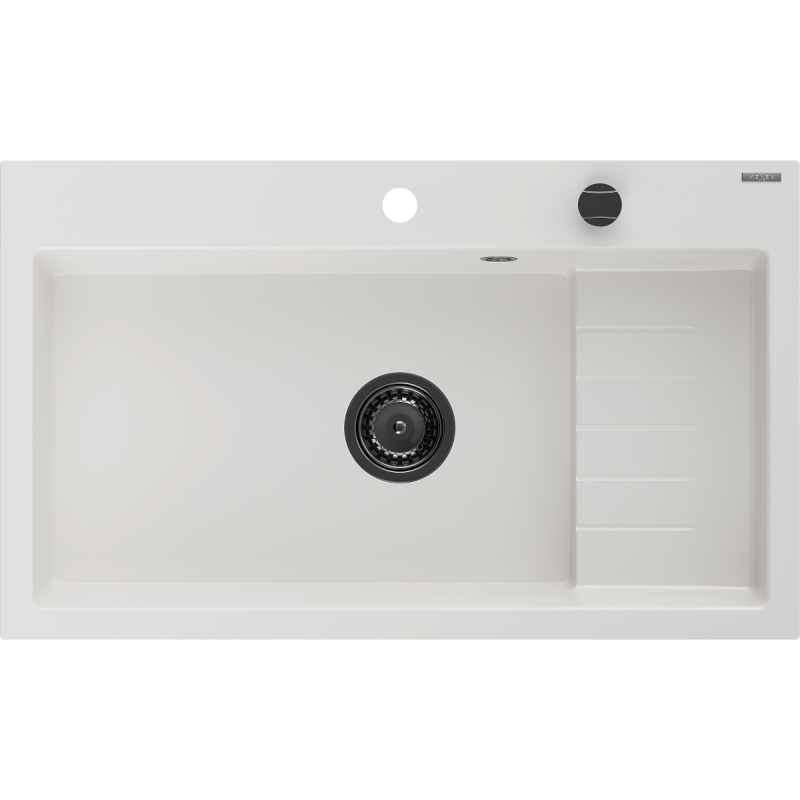 Mexen Omar žulový drez 1-komorový 800 x 480 mm, biely, čierny sifón - 6520801005-20-B