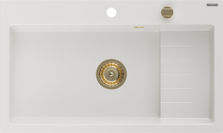 Mexen Omar žulový drez s jednou komorou 800 x 480 mm, biely, zlatý sifón - 6520801005-20-G