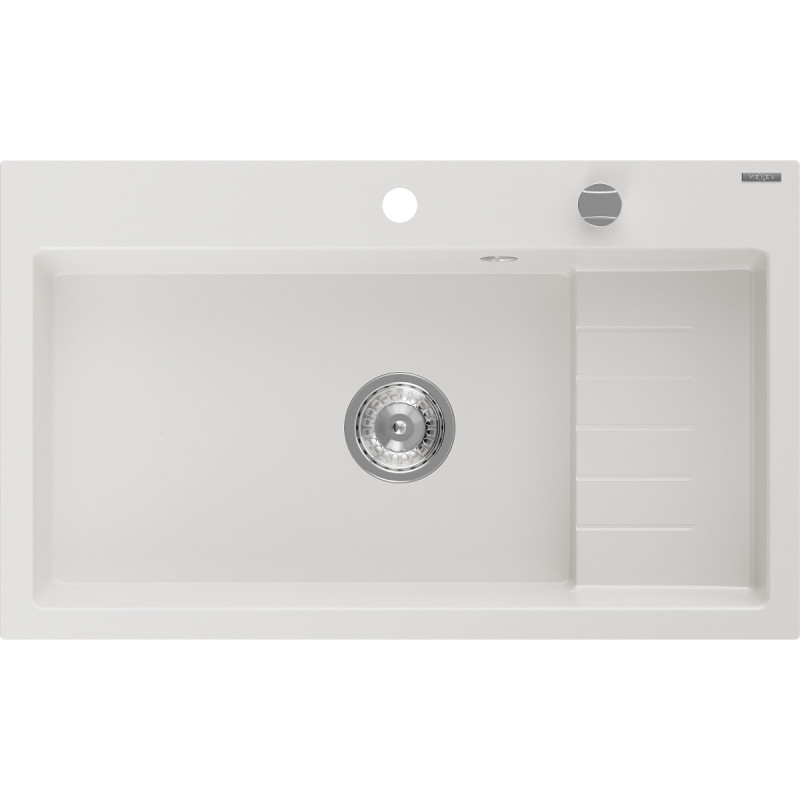 Mexen Omar granitový drez 1-komorový 800 x 480 mm, biely, sifón chróm - 6520801005-20