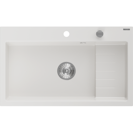 Mexen Omar granitový drez 1-komorový 800 x 480 mm, biely, sifón chróm - 6520801005-20