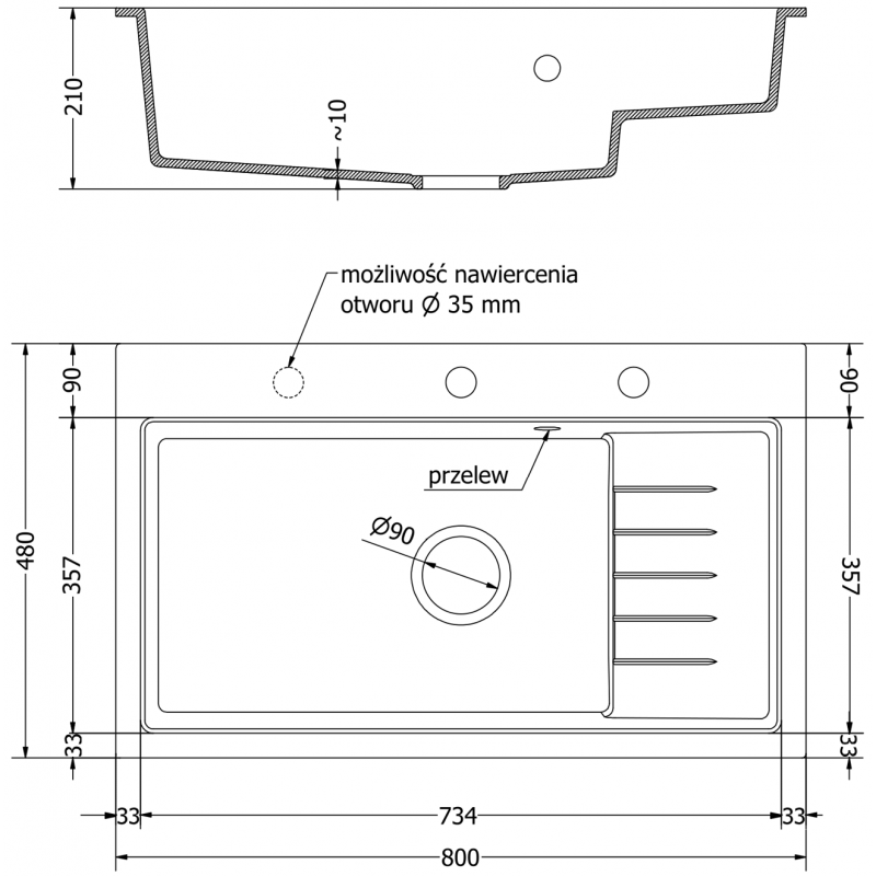 Mexen Omar žulový kuchynský drez s 1 komorou 800 x 480 mm, sivý, čierny sifón - 6520801005-71-B