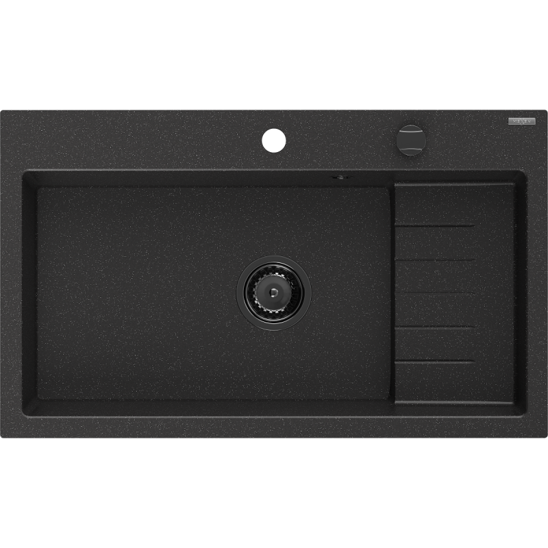 Mexen Omar granitový drez 1-komorový 800 x 480 mm, čierny/strieborný metalický, čierny sifón - 6520801005-73-B