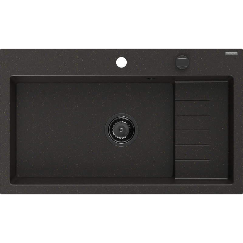 Mexen Omar granitový drez 1-komorový 800 x 480 mm, čierny/zlatý metalický, čierny sifón - 6520801005-75-B