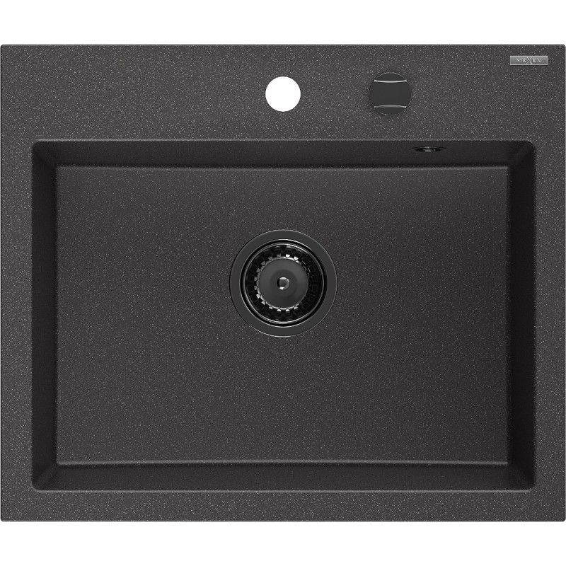 Mexen Oscar granitový drez 1-komorový 580 x 490 mm, čierny s bodkami, čierny sifón - 6519581000-76-B