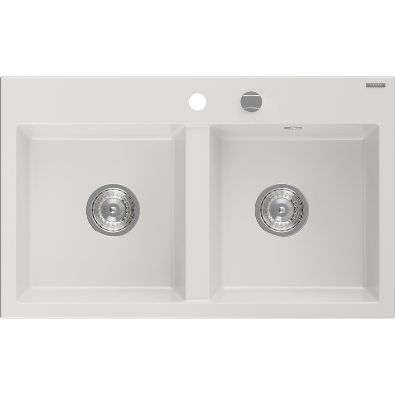 Mexen Hektor granitový drez 2-komorový 800 x 480 mm, biely, chróm sifón - 6521802000-20