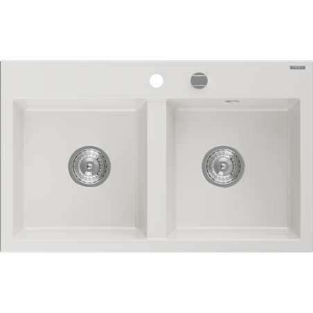 Mexen Hektor dvojkomorový granitový drez 800 x 480 mm, biely, sifón chróm - 6521802000-20