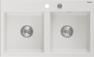 Mexen Hektor granitový drez 2-komorový 800 x 480 mm, biely, chróm sifón - 6521802000-20