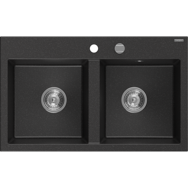 Mexen Hektor žulový drez 2-komorový 800 x 480 mm, čierny/strieborný metalik, sifón chróm - 6521802000-73