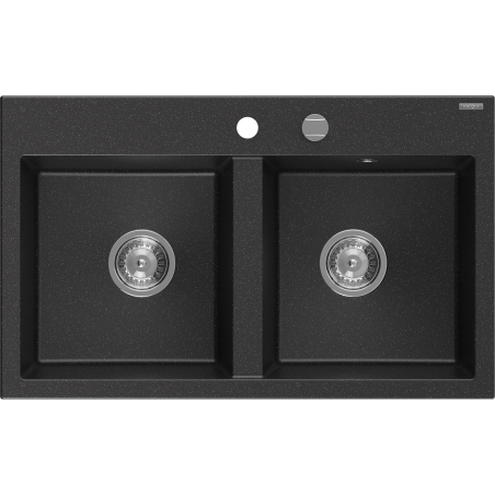 Mexen Hektor žulový kuchynský drez 2-komorový 800 x 480 mm, čierny/strieborný metalik, sifón chróm - 6521802000-73
