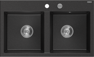 Mexen Hektor žulový drez 2-komorový 800 x 480 mm, čierny/strieborný metalik, sifón chróm - 6521802000-73