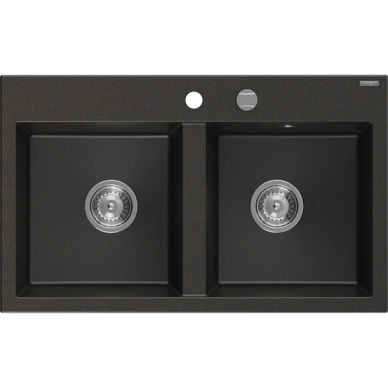 Mexen Hektor granitový drez 2-komorový 800 x 480 mm, čierny/zlatý metalik, sifón chróm - 6521802000-75