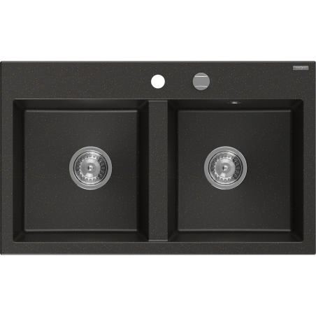 Mexen Hektor granitový drez 2-komorový 800 x 480 mm, čierny/zlatý metalik, sifón chróm - 6521802000-75
