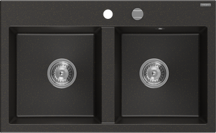 Mexen Hektor granitový drez 2-komorový 800 x 480 mm, čierny/zlatý metalik, sifón chróm - 6521802000-75