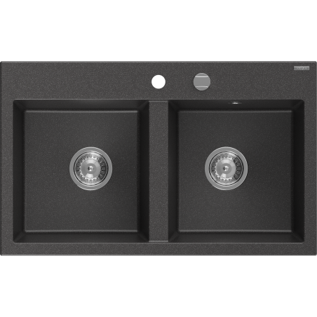 Mexen Hektor dvojkomorový granitový drez 800 x 480 mm, čierny s fľakmi, chrómový sifón - 6521802000-76