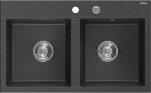 Mexen Hektor dvojkomorový granitový drez 800 x 480 mm, čierny s fľakmi, chrómový sifón - 6521802000-76