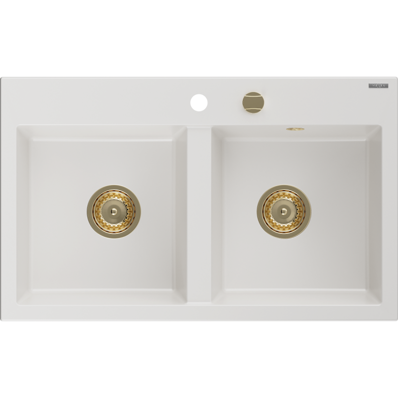 Mexen Hektor dvojkomorový granitový drez 800 x 480 mm, biela, sifón zlatý - 6521802000-20-G