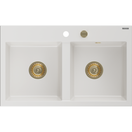 Mexen Hektor dvojkomorový granitový drez 800 x 480 mm, biela, sifón zlatý - 6521802000-20-G
