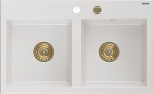 Mexen Hektor granitový drez 2-komorový 800 x 480 mm, biely, sifón zlatý - 6521802000-20-G