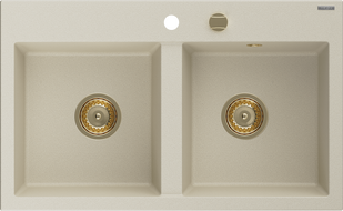 Mexen Hektor granitový drez 2-komorový 800 x 480 mm, béžový, sifón zlatý - 6521802000-69-G