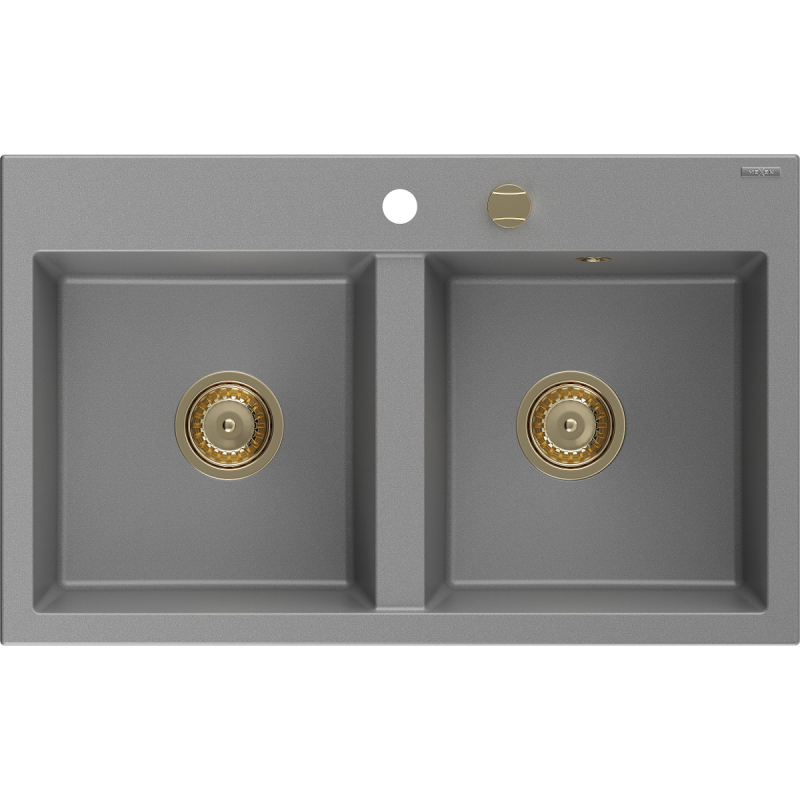 Mexen Hektor kuchynský drez z granitu, 2-komorový 800 x 480 mm, sivý, sifón zlatý - 6521802000-71-G