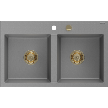 Mexen Hektor kuchynský drez z granitu, 2-komorový 800 x 480 mm, sivý, sifón zlatý - 6521802000-71-G