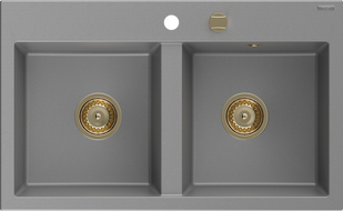 Mexen Hektor kuchynský drez z granitu, 2-komorový 800 x 480 mm, sivý, sifón zlatý - 6521802000-71-G