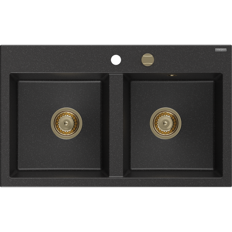 Mexen Hektor granitový drez 2-komorový 800 x 480 mm, čierny/strieborný metalík, sifón zlatý - 6521802000-73-G