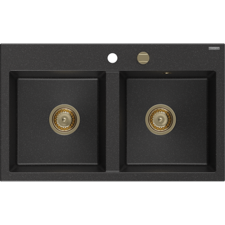 Mexen Hektor granitový drez 2-komorový 800 x 480 mm, čierny/strieborný metalík, sifón zlatý - 6521802000-73-G