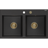 Mexen Hektor granitový drez 2-komorový 800 x 480 mm, čierny/strieborný metalík, sifón zlatý - 6521802000-73-G