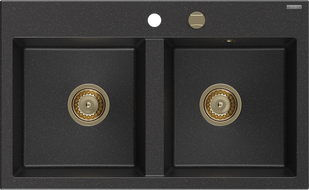 Mexen Hektor granitový drez 2-komorový 800 x 480 mm, čierny/strieborný metalík, sifón zlatý - 6521802000-73-G