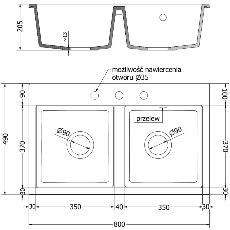 Mexen Hektor žulový dvojkomorový drez 800 x 480 mm, čierny/zlatý metalik, zlatý sifón - 6521802000-75-G