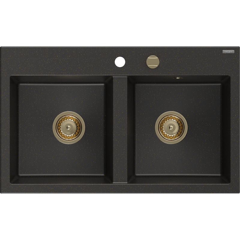 Mexen Hektor granitový dvojkomorový drez 800 x 480 mm, čierny/zlatý metalik, zlatý sifón - 6521802000-75-G