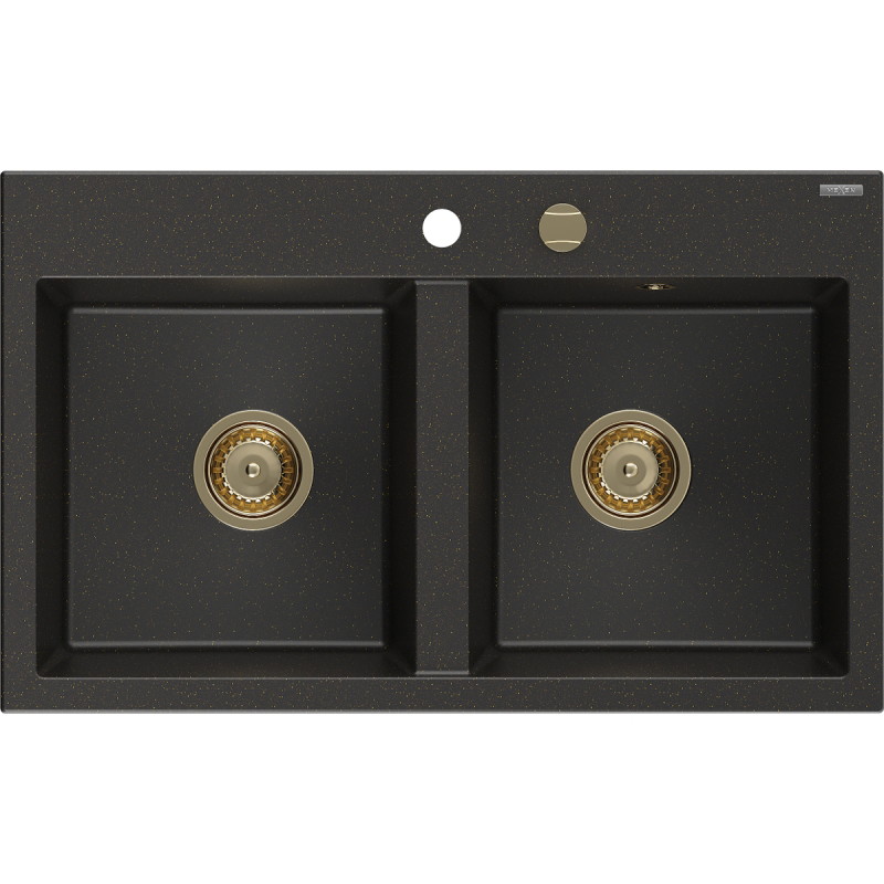 Mexen Hektor žulový dvojkomorový drez 800 x 480 mm, čierny/zlatý metalik, zlatý sifón - 6521802000-75-G